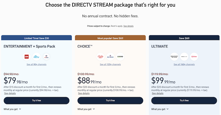 directv stream packages