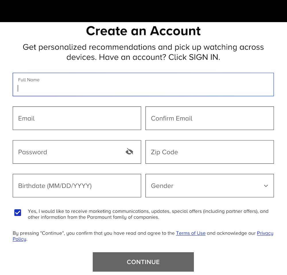 create an account on paramount plus