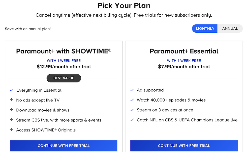 paramount plus plans