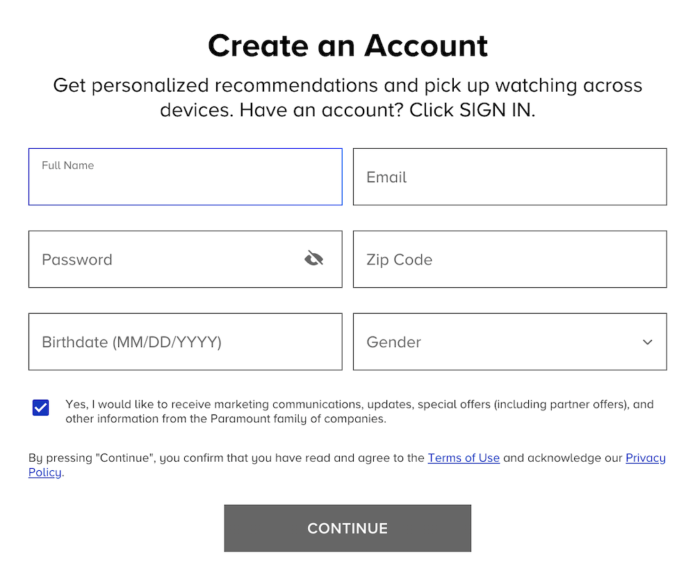 paramount plus create account