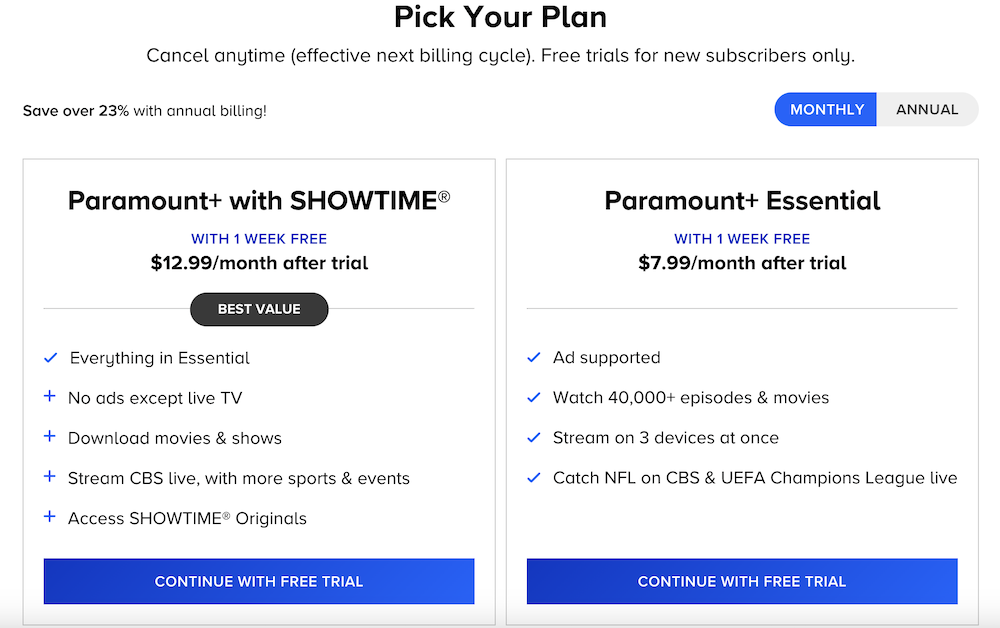 paramount plus pricing plans